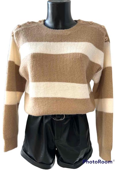 Wholesaler Graciela Paris - Sweater with wide stripes. round neck and golden buttons on each side of the shoulders