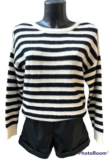 Striped sweater. boat neck with mid-bare back mounted with a large bow tie