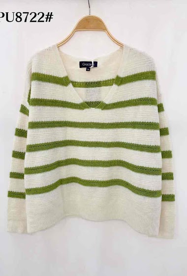 Wholesaler Graciela Paris - Striped sweater in fine sequined knit. V-neck
