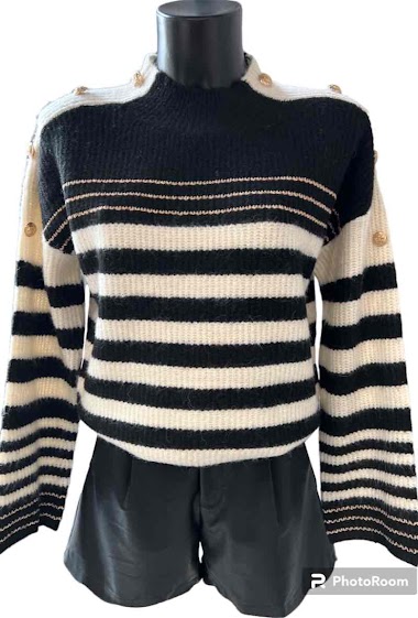 Mayorista Graciela Paris - Sweater with stripes and lurex lines. high collar and gold buttons. wide sleeves