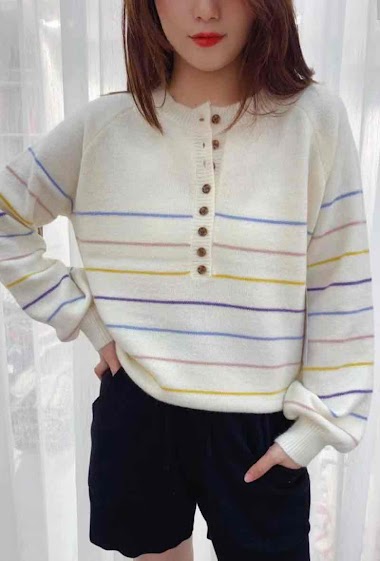Wholesaler Graciela Paris - Multicolored striped sweater. round neck with buttoned opening in front