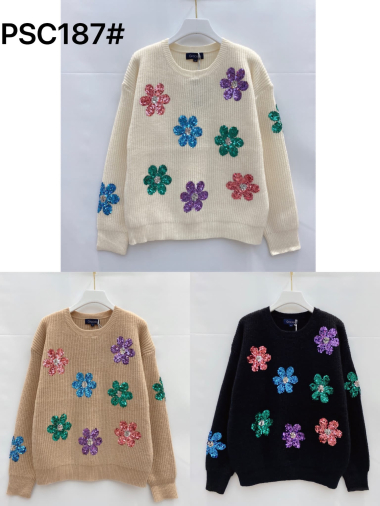 Wholesaler Graciela Paris - Sweater, flower embroidery with multi-colored sequins