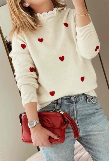 Wholesaler Graciela Paris - High neck sweater lined with lace. with small embroidered hearts