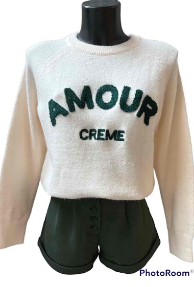 Grossiste Graciela Paris - Pull col rond à inscription « Amour. creme » brodé en bouclette