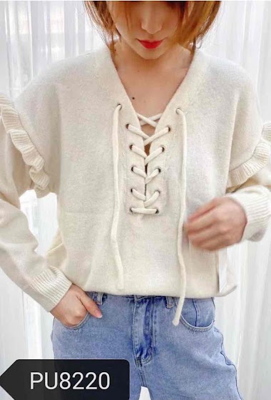 Großhändler Graciela Paris - V-neck sweater with lacing. ruffles on the shoulders