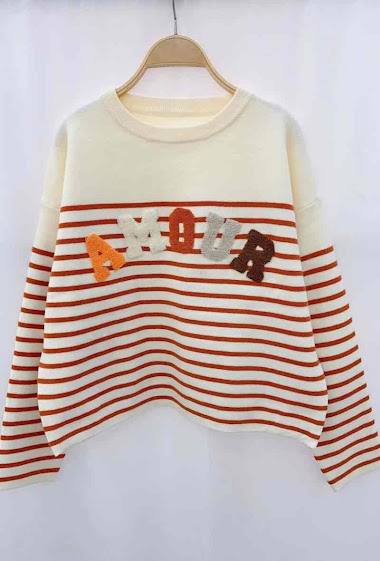 Wholesaler Graciela Paris - Striped cropped sweater with multicolored embroidered "AMOUR" lettering