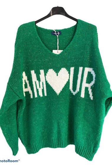 Wholesaler Graciela Paris - V-neck sweater with love lettering.  Softness and comfort