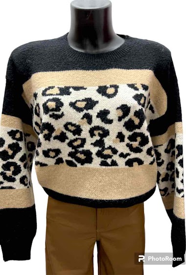 Mayorista Graciela Paris - Jacquard sweater with mixed stripe and leopard pattern