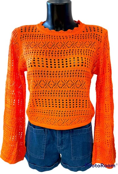 Mayorista Graciela Paris - Lightweight crochet knit crop sweater. flare sleeves