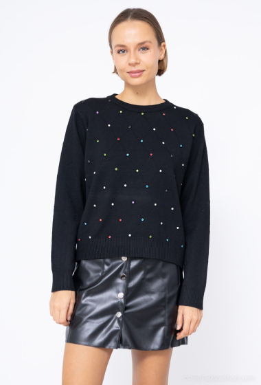 Wholesaler Graciela Paris - Fine knit sweater dotted with multicolored rhinestones. round neck
