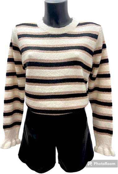 Wholesaler Graciela Paris - Striped jumper with openwork lines in golden lurex