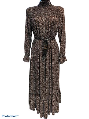 Mayorista Graciela Paris - Long and  loose printed dress with smoked high neck