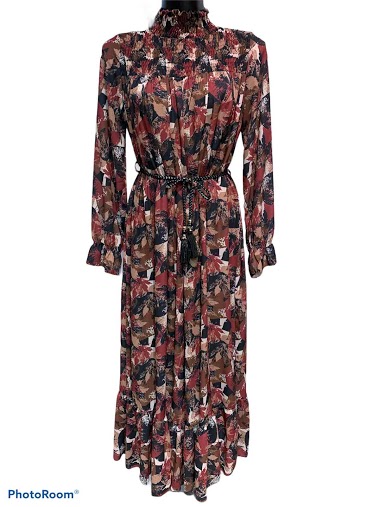 Wholesaler Graciela Paris - Long and  loose printed dress with smoked high neck
