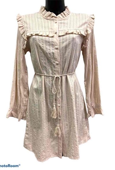 Wholesaler Graciela Paris - Short shirt dress in openwork cotton. high collar and ruffles