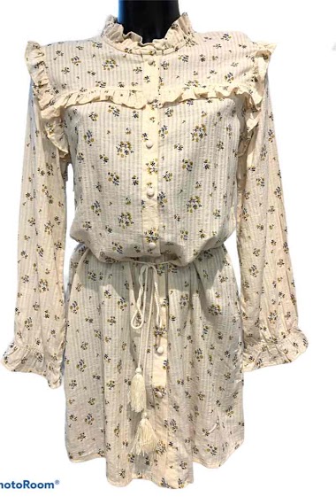 Grossiste Graciela Paris - Robe chemise courte en coton imprimé. col montant et volants