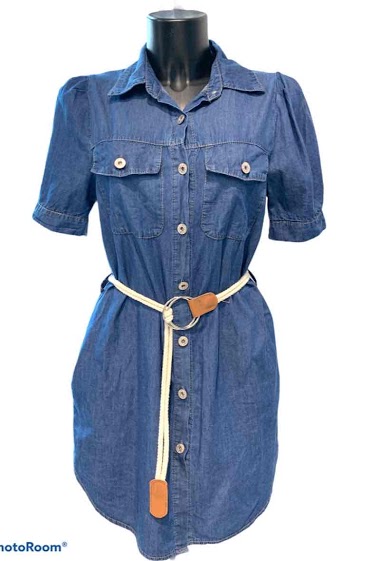 Wholesaler Graciela Paris - Short denim shirt dress. 2 front pockets and 2 side pockets