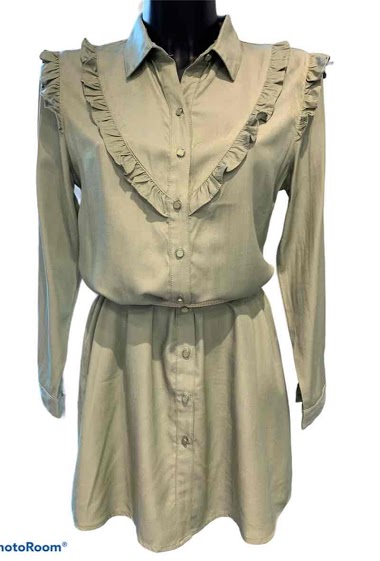 Grossiste Graciela Paris - Robe chemise courte en tencel avec volants au buste et épaules