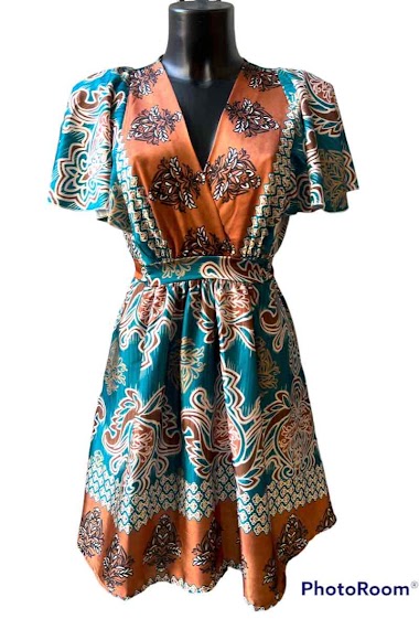 Wholesaler Graciela Paris - Short dress in printed satin. ruffled sleeves