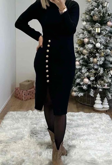Wholesaler Graciela Paris - Fitting fine knit dress. high collar and gold buttoning at the front