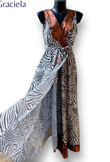 Mayorista Graciela Paris - Long dress in zebra printed satin. large V-neck front and back