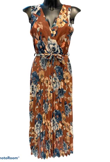 Wholesaler Graciela Paris - Long pleated dress. large flowers print. sleeveless