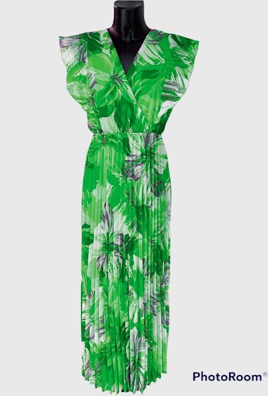 Grossiste Graciela Paris - Robe longue plissée. imprimé végétal. volants aux épaules