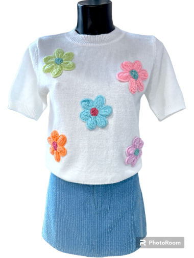 Wholesaler Graciela Paris - Knitted t-shirt embroidered with multi-colored flowers. round collar