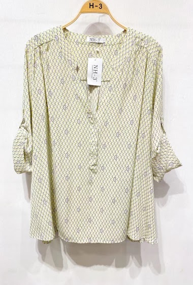 Großhändler H3 - Geknöpfte Bluse mit V-Ausschnitt und rechteckigen Mustern