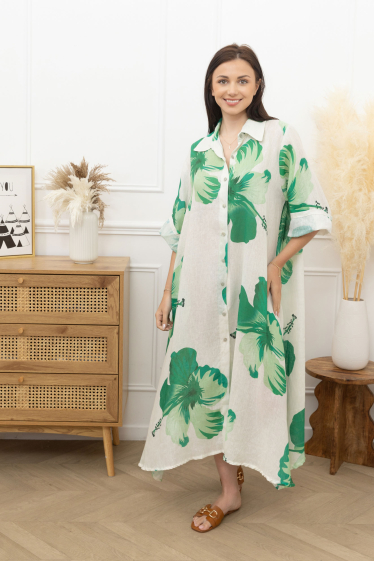 Grossiste Happy Look - Longue robe chemise en lin imprimée