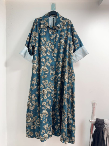 Großhändler Happy Look - Langes, bedrucktes Hemdblusenkleid aus Cord
