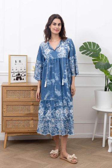 Wholesaler Happy Look - Long embroidered denim dress