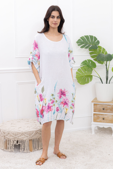 Großhändler Happy Look - Kurzes Kleid aus Leinen mit Blumenmuster