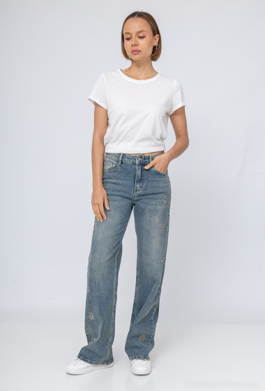 Wholesaler HELLO MISS - Straight and wide jeans with embroidery