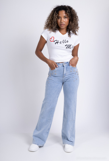 Grossiste HELLO MISS - Jeans wide leg strass