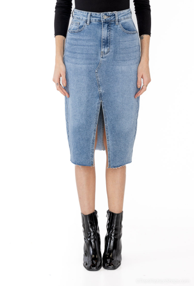 Wholesaler HELLO MISS - MID-LONG DENIM SKIRT WITH FRONT SLOT