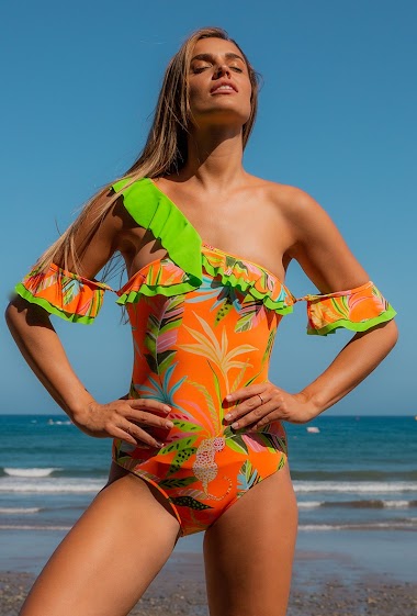 Wholesaler HIBIKINI - Vibrant Tropical One-Piece Swimsuit with Detachable Ruffles