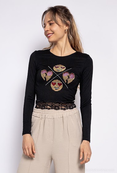 Grossiste Hirondelle - T-shirt avec strass et smiley