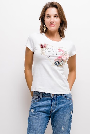 Grossiste ABELLA - T-shirt FLAMANT ROSE avec fleurs en 3D