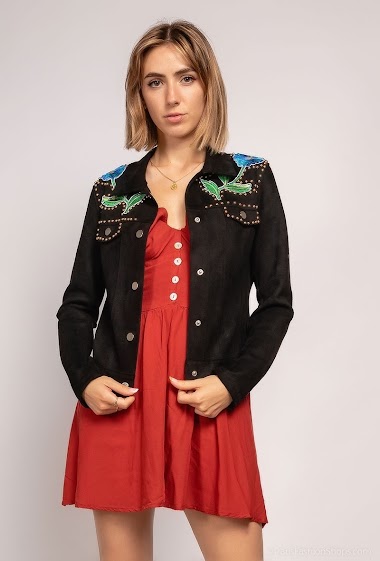 Großhändler ABELLA - Faux suede jacket with flower patches