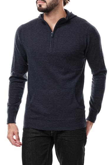 Grossiste Hopenlife - Pull fine maille Ã  capuche uni col montant  homme