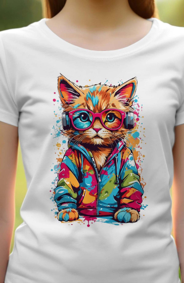 Grossiste I.A.L.D FRANCE - Tshirt Femme Col Rond | Cute cat Multi Paint