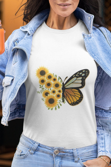 Großhändler I.A.L.D FRANCE - Damen-T-Shirt mit Rundhalsausschnitt | Leoparden-Sonnenblume