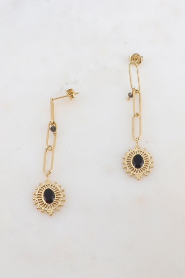 Grossiste Ikita Paris - B.O à puce pendantes avec maillons, pièce ajourée et pierre naturelle