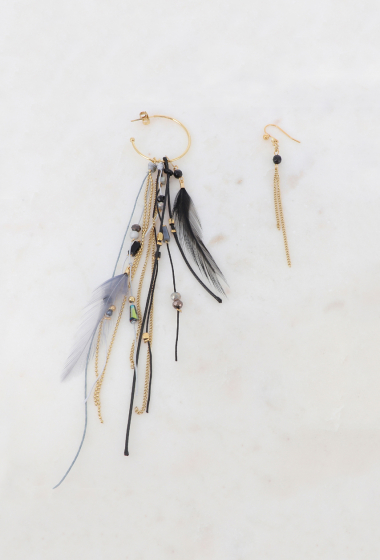 Wholesaler Ikita Paris - Chip and hook earrings with feathers, cords, glass paste, star, chains