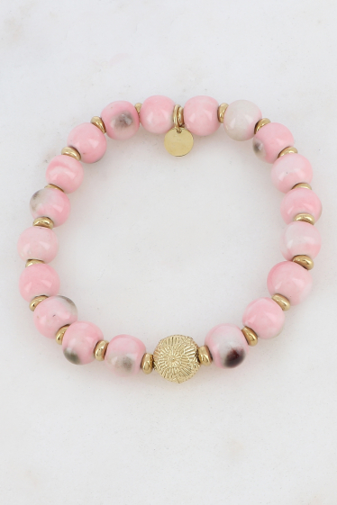 Grossiste Ikita Paris - Bracelet élastique avec perles en céramique émaillée, boule motif fleur