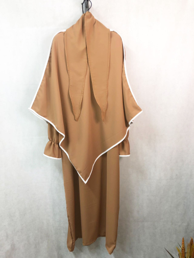 Mayorista I'Mod - Conjunto de abaya bicolor y khimar corto de 2 piezas en seda Medina