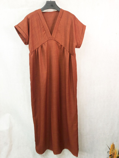 Großhändler I'Mod - Langes Kleid mit V-Ausschnitt in Leinenoptik