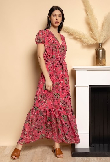 Großhändler I'Mod - Langes Kleid mit Blumendruck und Rüschen