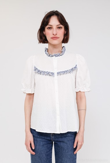 Wholesaler Indie + Moi - GIULIANO Cotton shirt with embroidered denim ruffles short sleeves