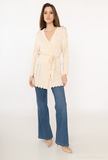 Wholesaler Indie + Moi - PAULETTE Mid-length belted cardigan in macramé-style open knit